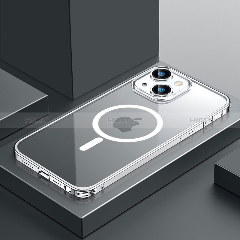 Carcasa Bumper Lujo Marco de Metal y Plastico Funda con Mag-Safe Magnetic QC3 para Apple iPhone 13 Plata