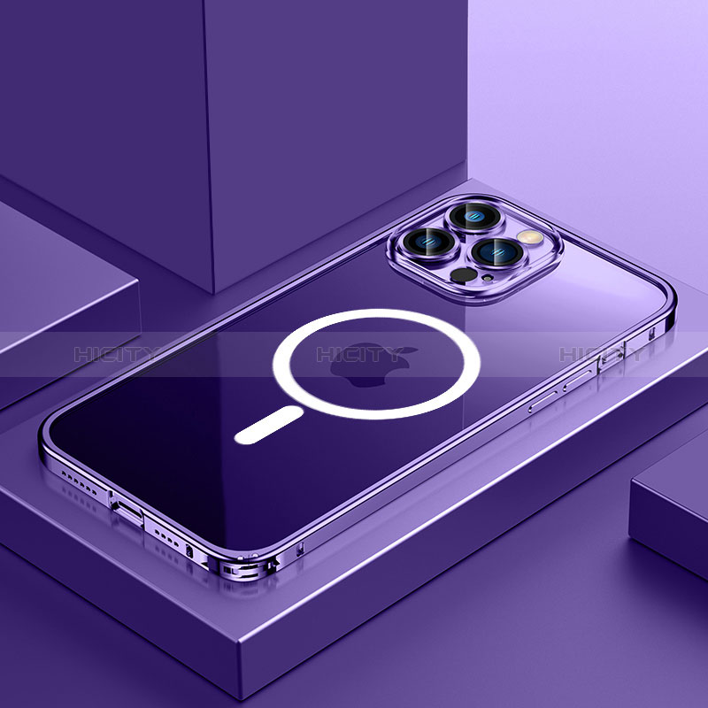 Carcasa Bumper Lujo Marco de Metal y Plastico Funda con Mag-Safe Magnetic QC3 para Apple iPhone 14 Pro Max Morado