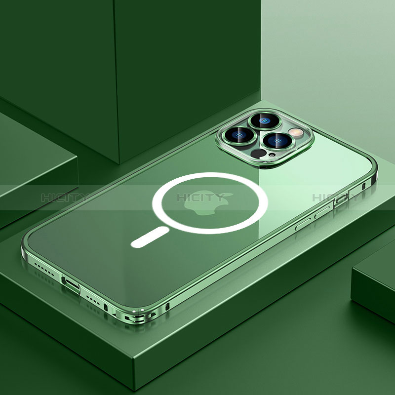 Carcasa Bumper Lujo Marco de Metal y Plastico Funda con Mag-Safe Magnetic QC3 para Apple iPhone 14 Pro Max Verde
