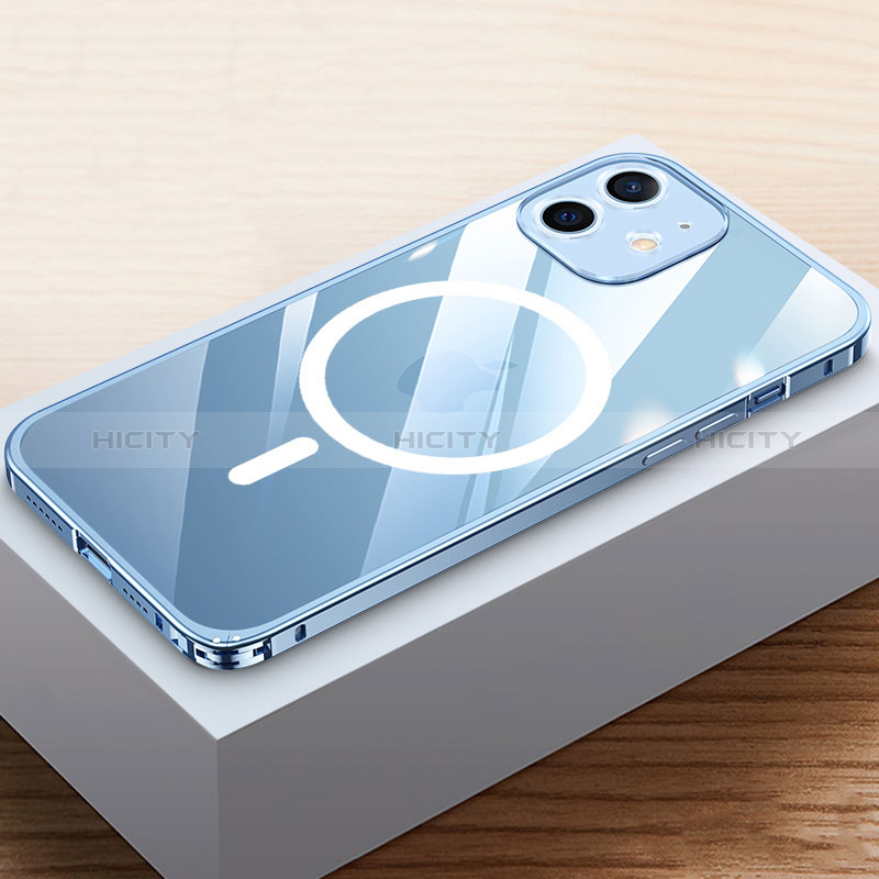 Carcasa Bumper Lujo Marco de Metal y Plastico Funda con Mag-Safe Magnetic QC4 para Apple iPhone 12 Azul