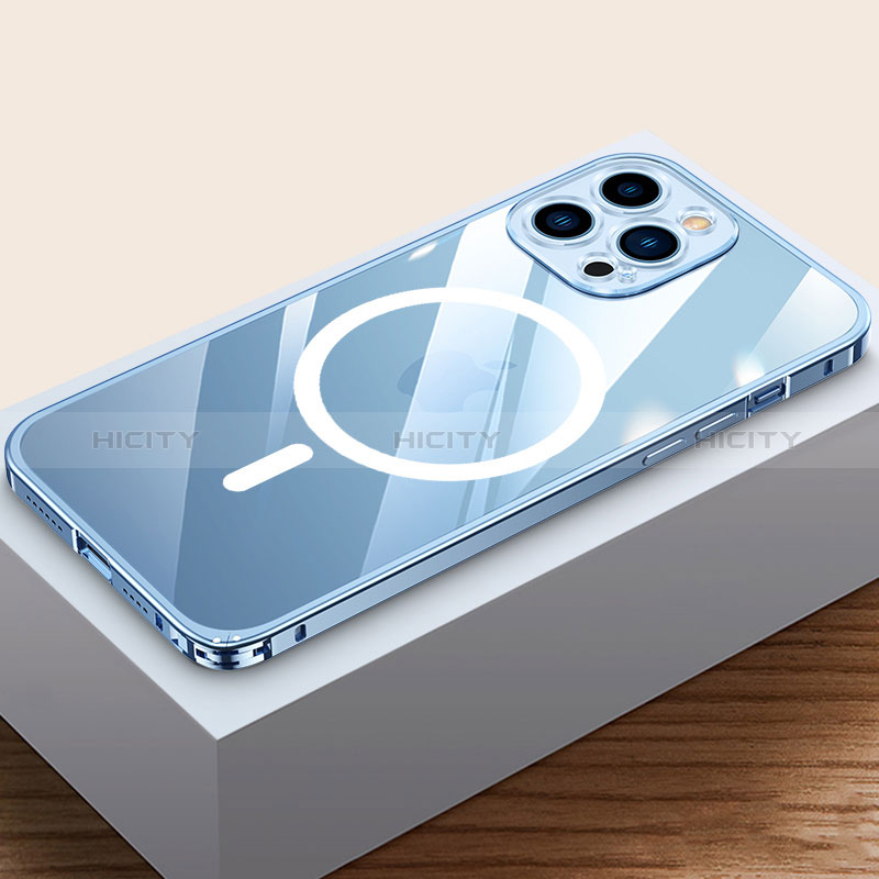 Carcasa Bumper Lujo Marco de Metal y Plastico Funda con Mag-Safe Magnetic QC4 para Apple iPhone 13 Pro Max Azul