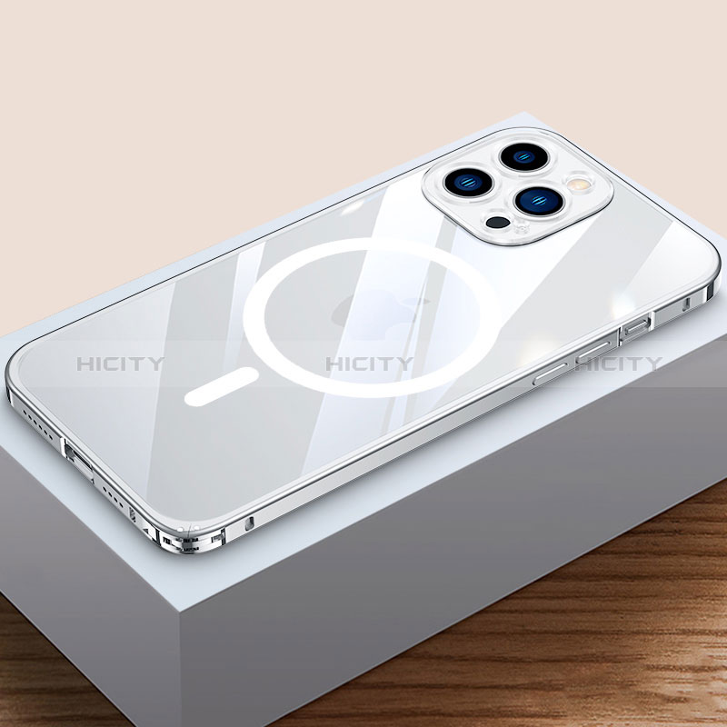 Carcasa Bumper Lujo Marco de Metal y Plastico Funda con Mag-Safe Magnetic QC4 para Apple iPhone 13 Pro Max Plata