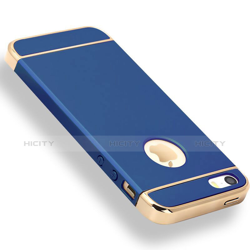 Carcasa Bumper Lujo Marco de Metal y Plastico Funda M01 para Apple iPhone 5S Azul