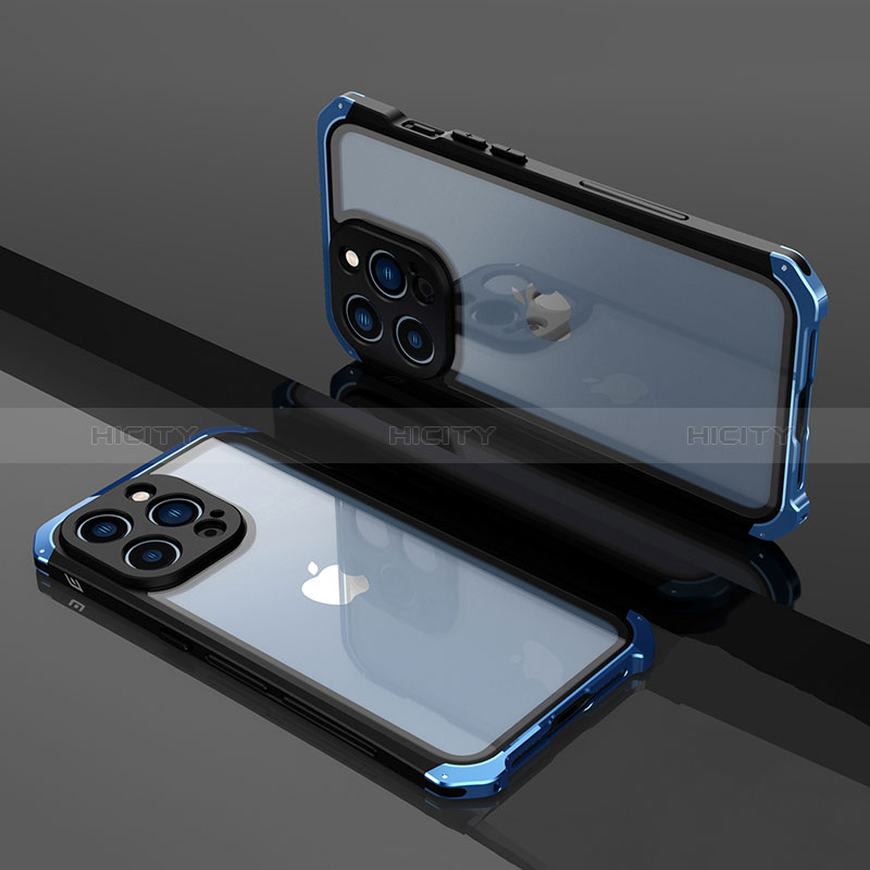 Carcasa Bumper Lujo Marco de Metal y Plastico Funda SQ1 para Apple iPhone 13 Pro Azul