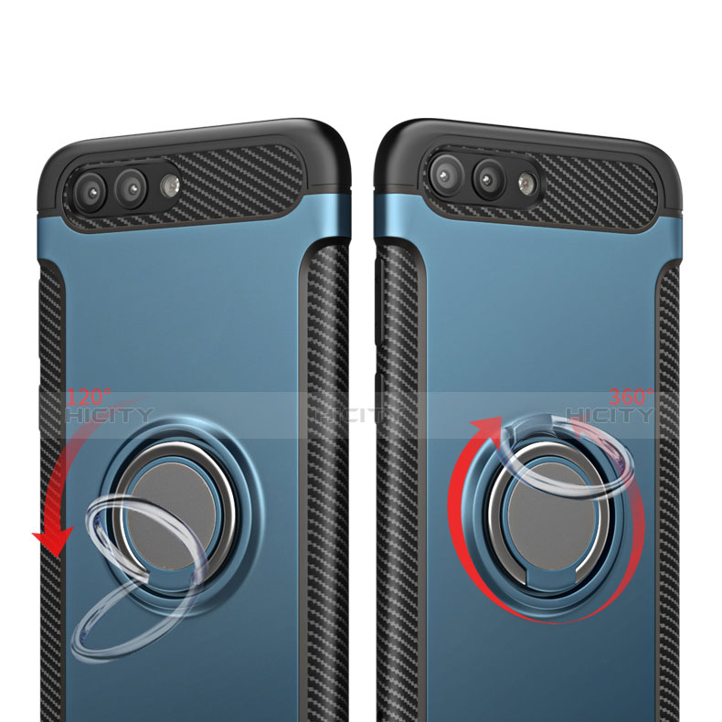 Carcasa Bumper Silicona y Plastico Mate con Anillo de dedo Soporte para Huawei Honor View 10 Azul