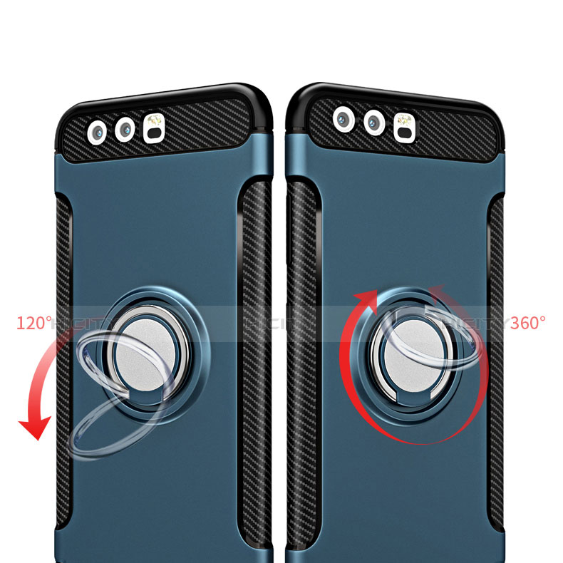 Carcasa Bumper Silicona y Plastico Mate con Anillo de dedo Soporte para Huawei P10 Plus Azul