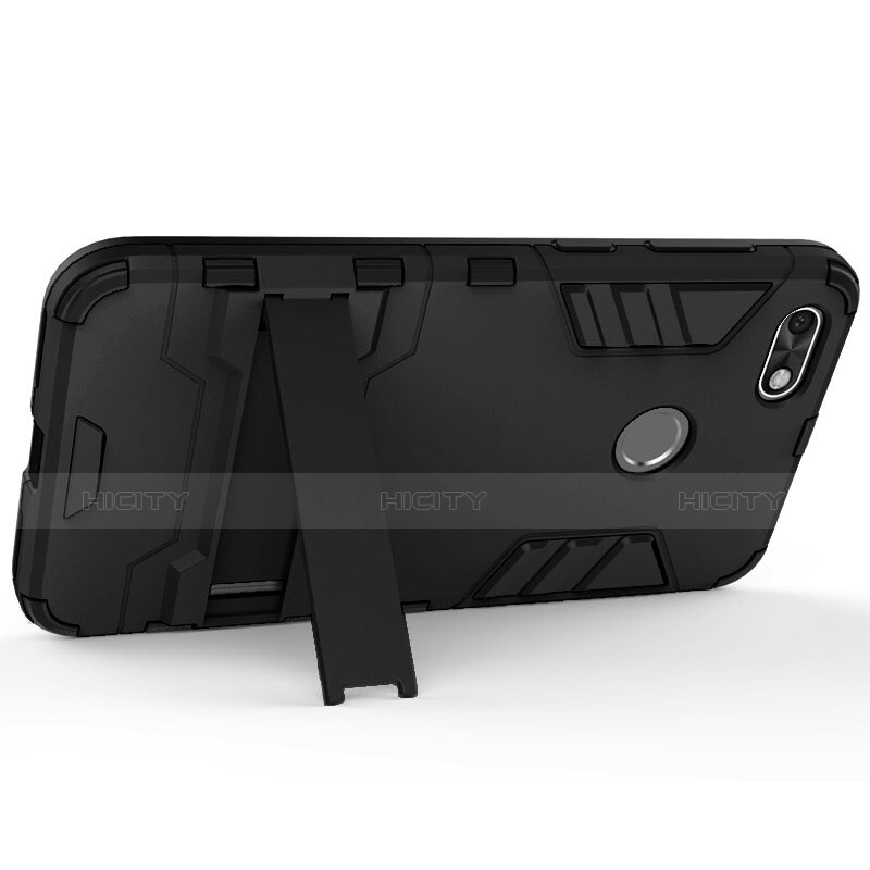 Carcasa Bumper Silicona y Plastico Mate con Soporte para Huawei Y6 Pro (2017) Negro