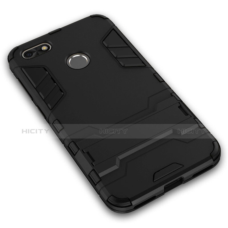 Carcasa Bumper Silicona y Plastico Mate con Soporte para Huawei Y6 Pro (2017) Negro