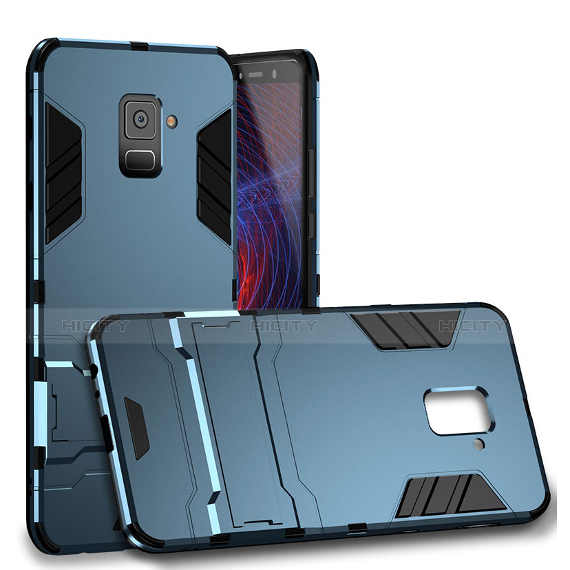 Carcasa Bumper Silicona y Plastico Mate con Soporte para Samsung Galaxy A8 (2018) A530F Cian