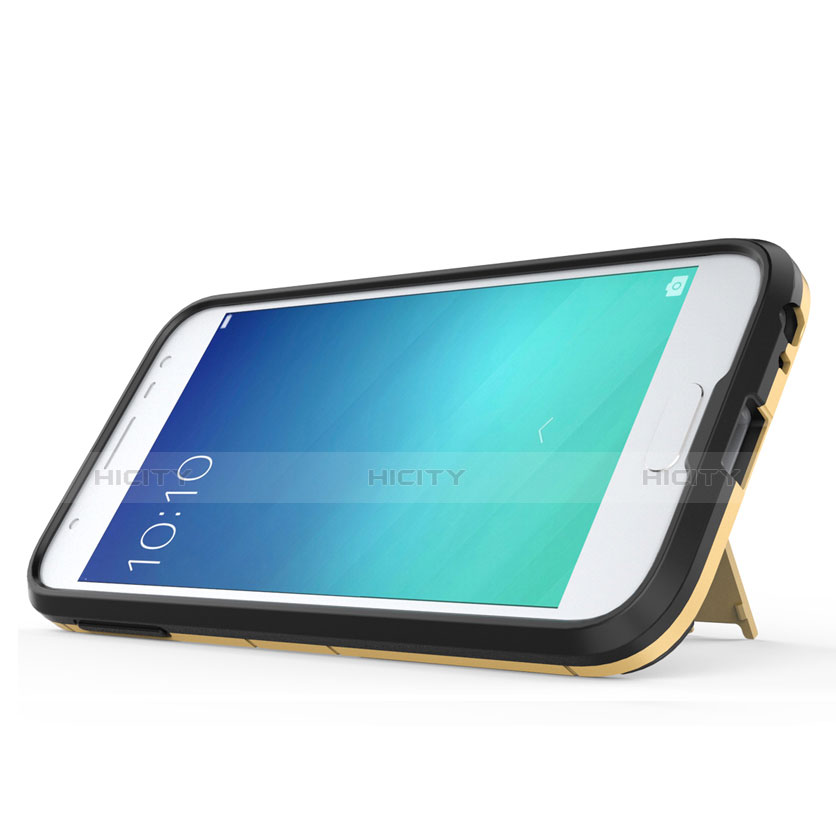 Carcasa Bumper Silicona y Plastico Mate con Soporte para Samsung Galaxy Amp Prime 3 Oro