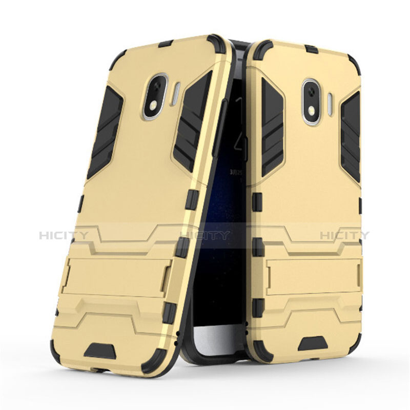 Carcasa Bumper Silicona y Plastico Mate con Soporte para Samsung Galaxy Grand Prime Pro (2018) Oro