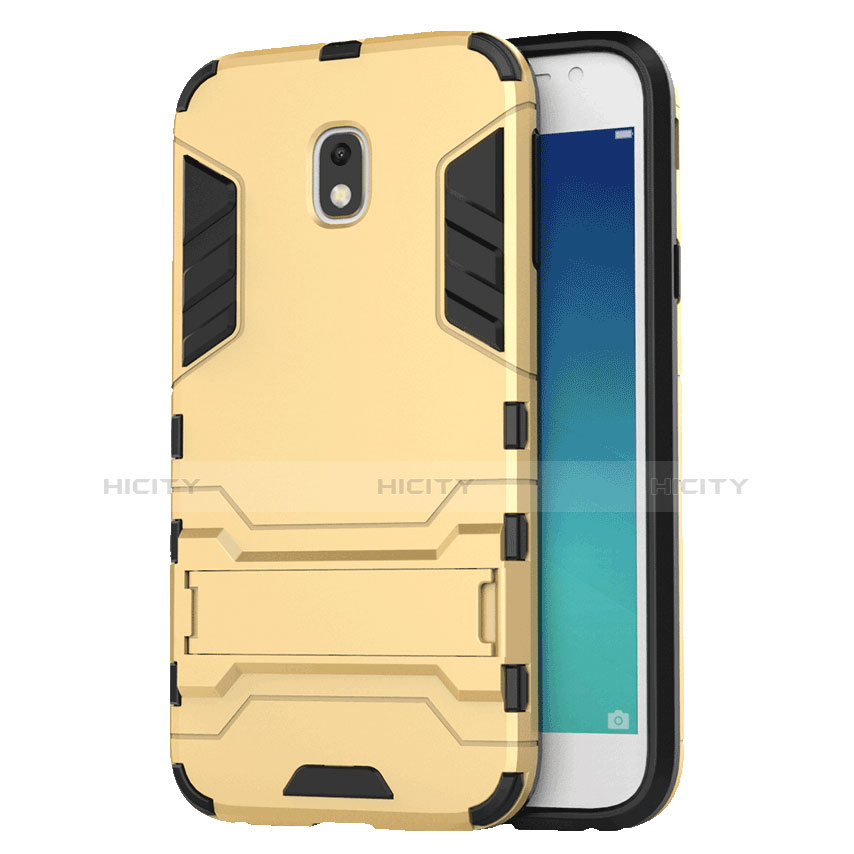 Carcasa Bumper Silicona y Plastico Mate con Soporte para Samsung Galaxy J3 Star Oro