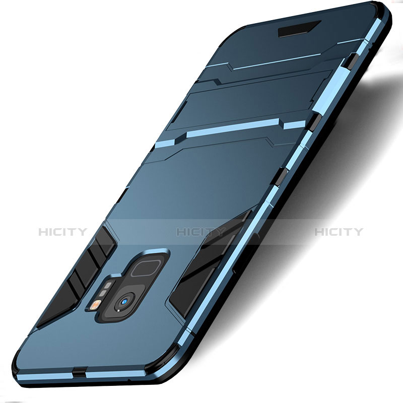 Carcasa Bumper Silicona y Plastico Mate con Soporte para Samsung Galaxy S9 Azul