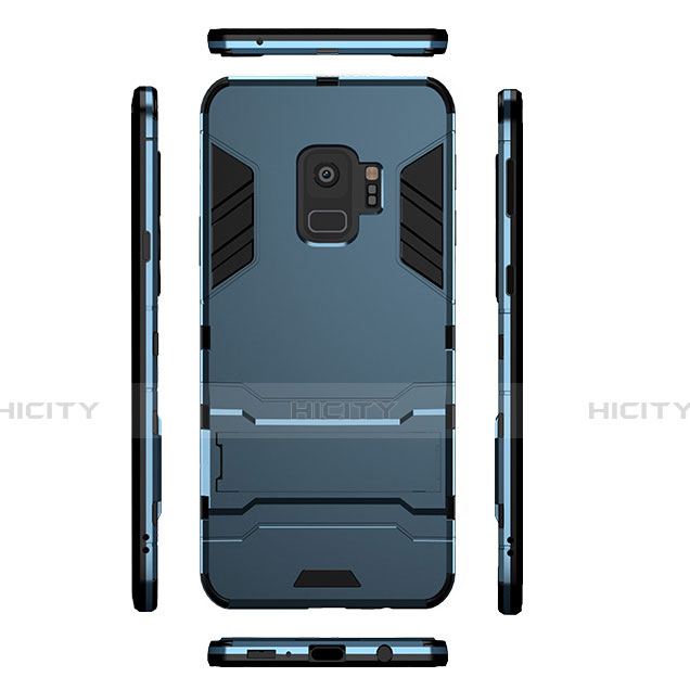 Carcasa Bumper Silicona y Plastico Mate con Soporte para Samsung Galaxy S9 Azul