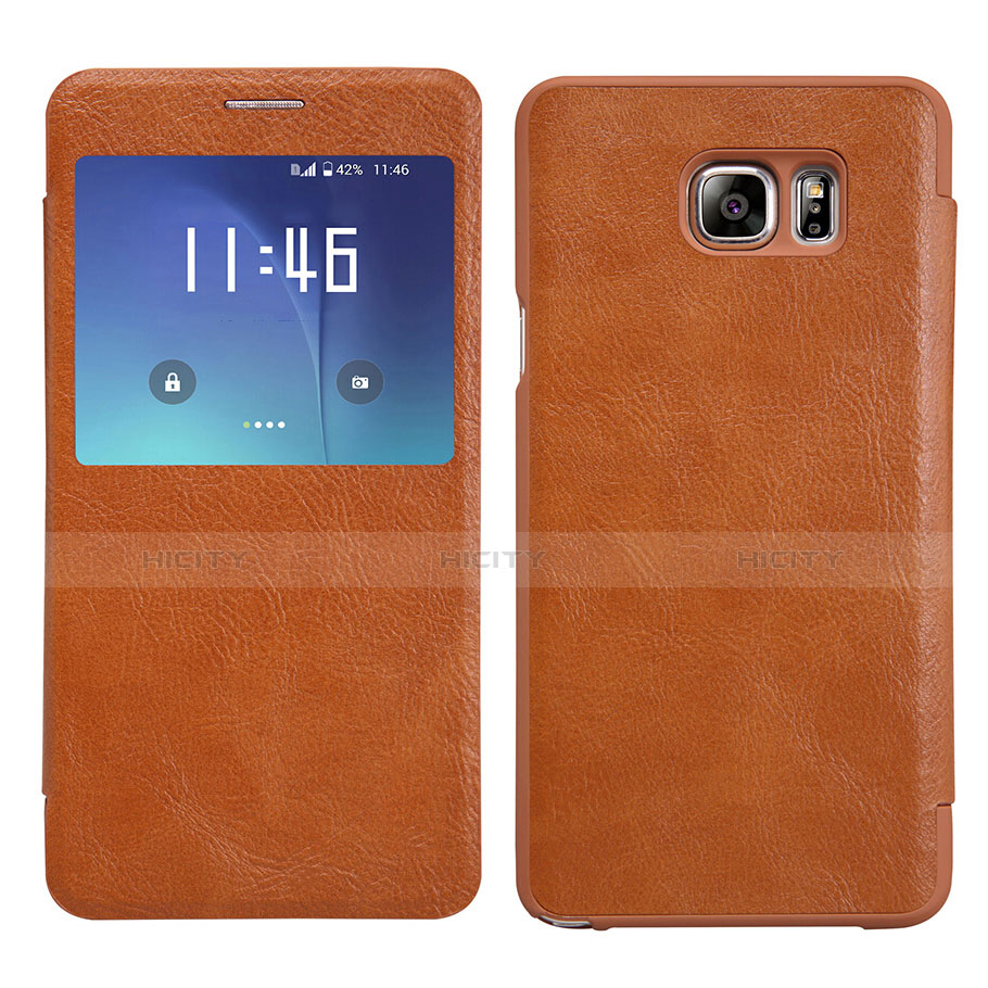 Carcasa de Cuero Cartera con Soporte L01 para Samsung Galaxy Note 5 N9200 N920 N920F Marron