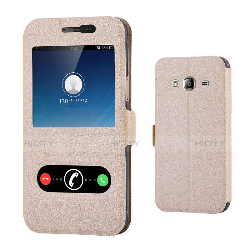 Carcasa de Cuero Cartera con Soporte para Samsung Galaxy J3 (2016) J320F J3109 Oro