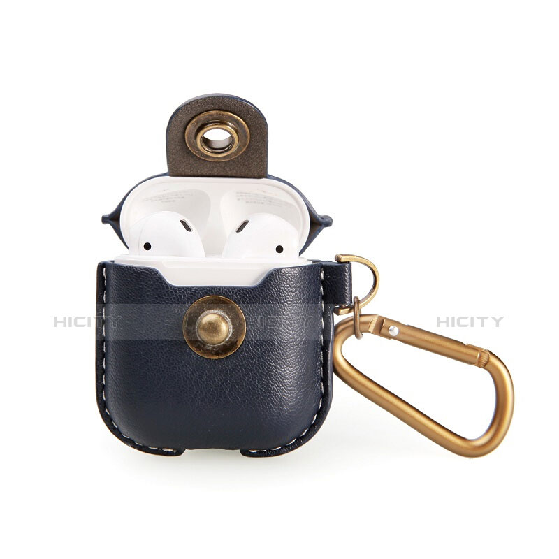 Carcasa de Cuero con Mosqueton Enchufe para AirPods Funda de Carga Azul