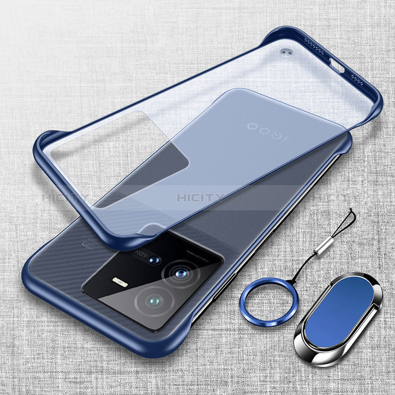 Carcasa Dura Cristal Plastico Funda Rigida Sin Marco Transparente con Magnetico Anillo de dedo Soporte para Vivo iQOO 10 Pro 5G Azul