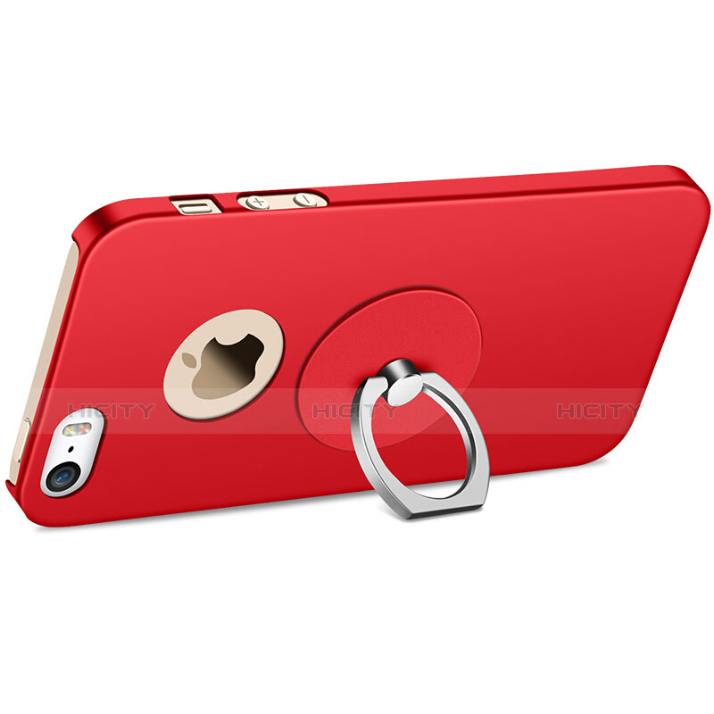 Carcasa Dura Plastico Rigida Mate con Anillo de dedo Soporte para Apple iPhone SE Rojo