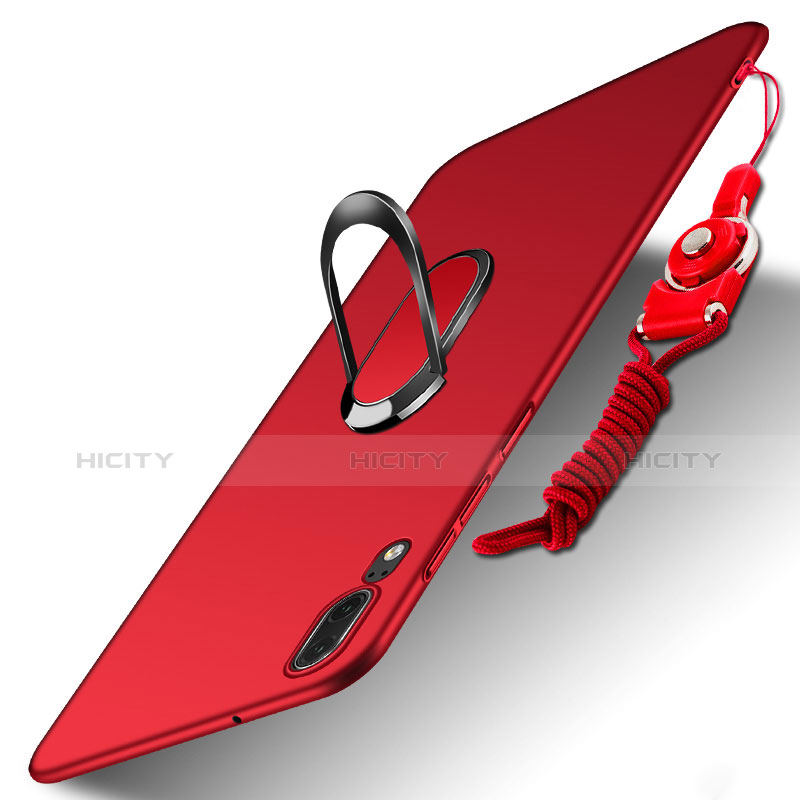 Carcasa Dura Plastico Rigida Mate con Anillo de dedo Soporte y Lanyard para Huawei P20 Rojo