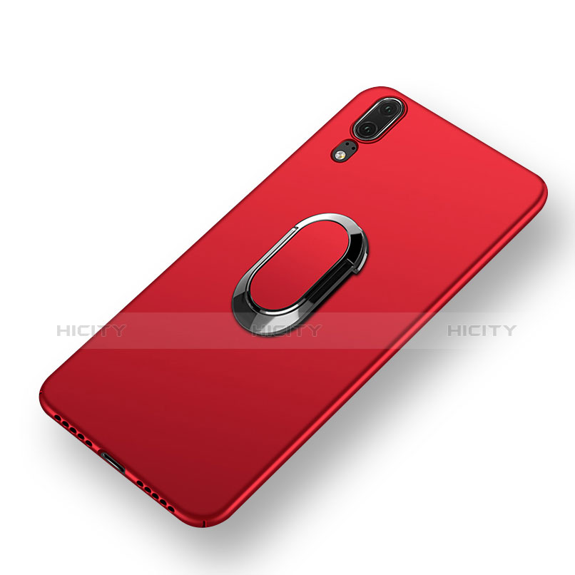 Carcasa Dura Plastico Rigida Mate con Anillo de dedo Soporte y Lanyard para Huawei P20 Rojo