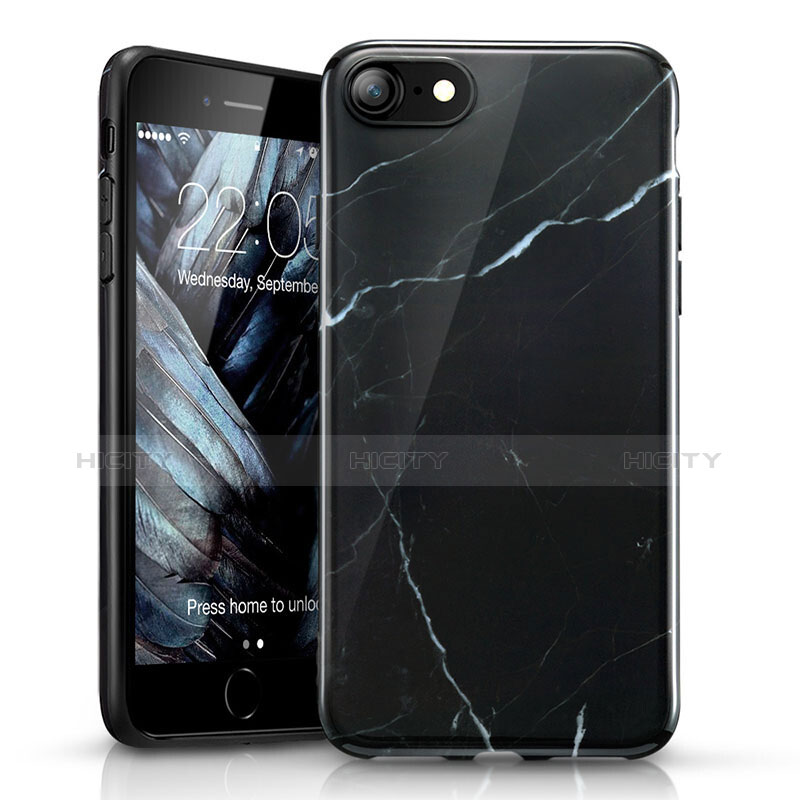 Carcasa Silicona Goma Patron de Marmol para Apple iPhone 7 Negro