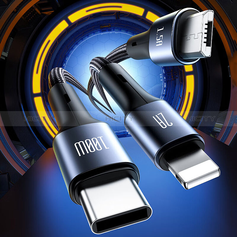 Cargador Cable Lightning USB Carga y Datos Android Micro USB Type-C 100W H01 para Apple iPhone 15 Plus Negro