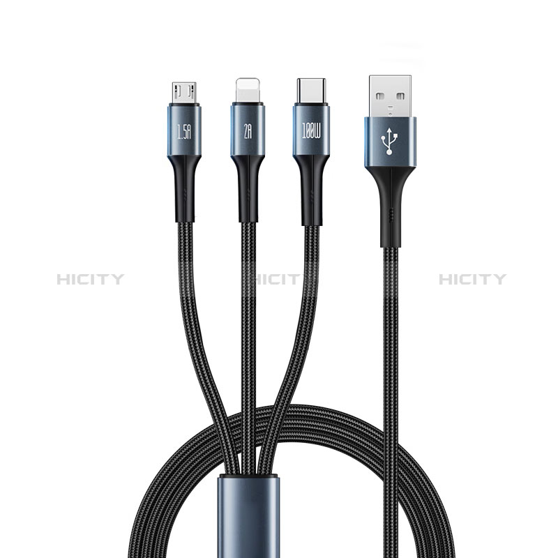Cargador Cable Lightning USB Carga y Datos Android Micro USB Type-C 100W H01 para Apple iPhone 15 Plus Negro