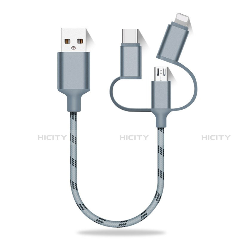 Cargador Cable Lightning USB Carga y Datos Android Micro USB Type-C 25cm S01 Gris