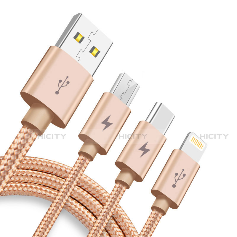 Cargador Cable Lightning USB Carga y Datos Android Micro USB Type-C ML03 Oro