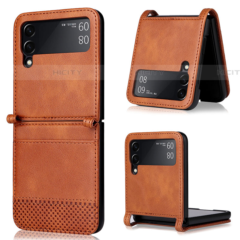 Funda Bumper Lujo Cuero y Plastico Mate Carcasa BY2 para Samsung Galaxy Z Flip4 5G Marron