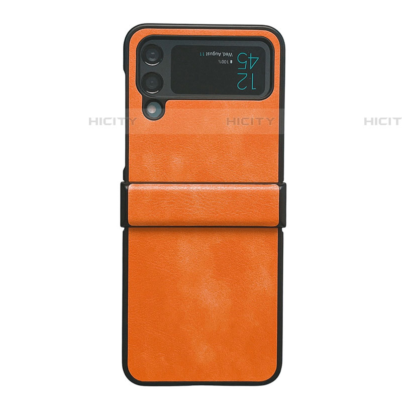 Funda Bumper Lujo Cuero y Plastico Mate Carcasa C08 para Samsung Galaxy Z Flip4 5G Naranja