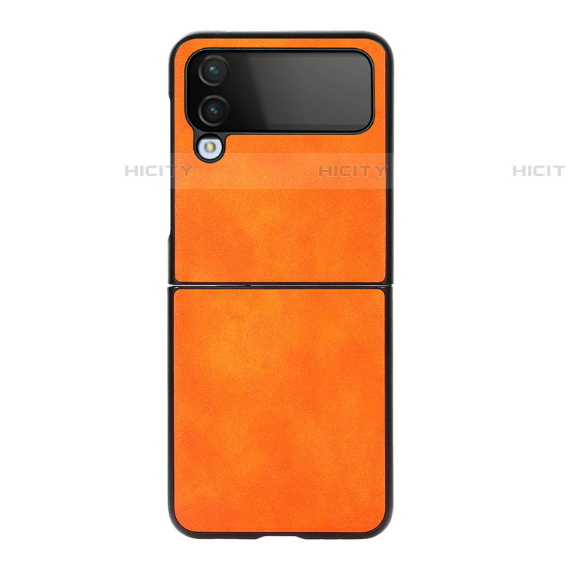 Funda Bumper Lujo Cuero y Plastico Mate Carcasa C09 para Samsung Galaxy Z Flip4 5G Naranja