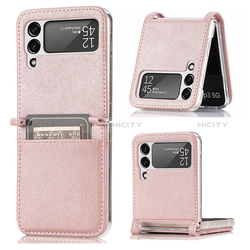 Funda Bumper Lujo Cuero y Plastico Mate Carcasa H01 para Samsung Galaxy Z Flip3 5G Oro Rosa