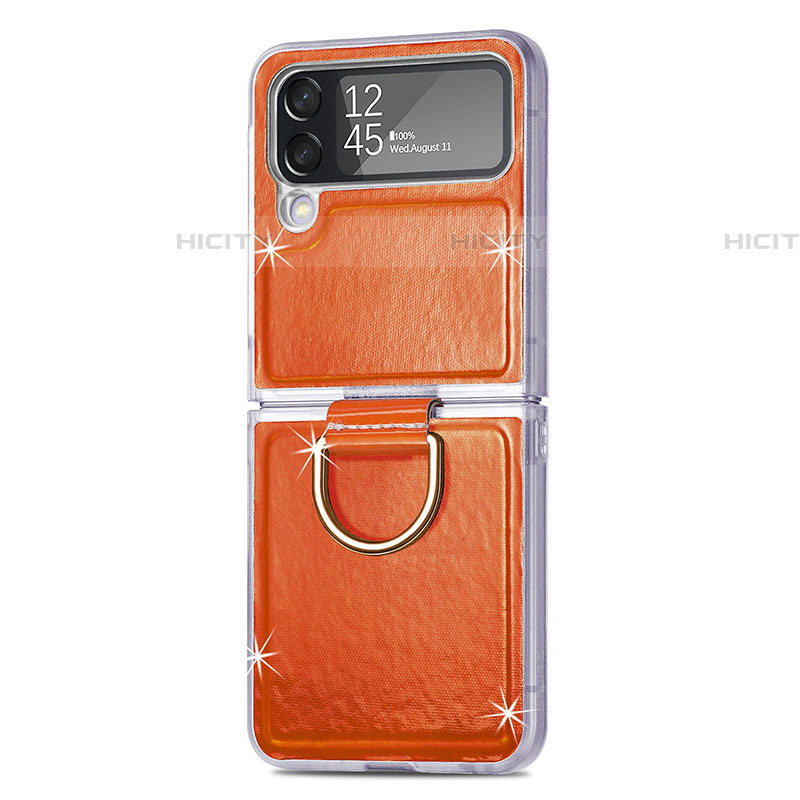 Funda Bumper Lujo Cuero y Plastico Mate Carcasa H08 para Samsung Galaxy Z Flip4 5G Naranja