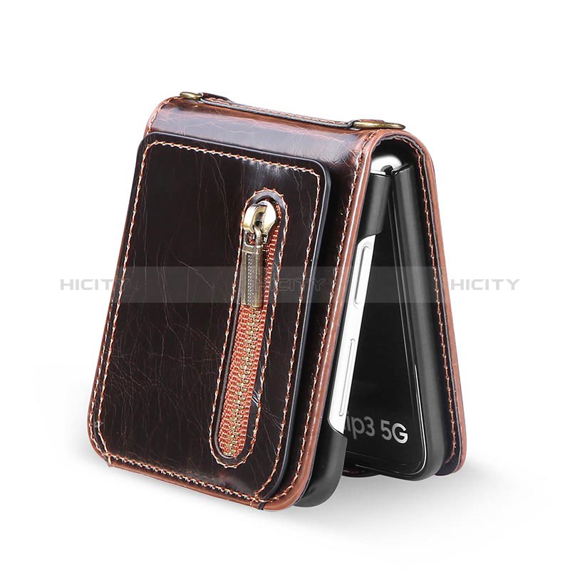 Funda Bumper Lujo Cuero y Plastico Mate Carcasa JD3 para Samsung Galaxy Z Flip3 5G Marron