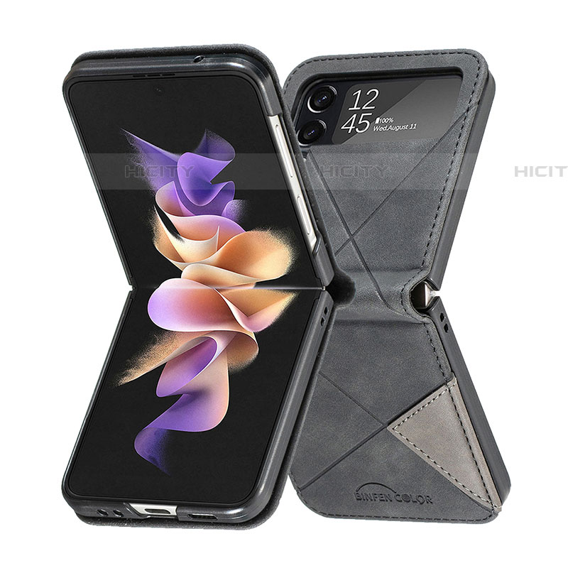 Funda Bumper Lujo Cuero y Plastico Mate Carcasa para Samsung Galaxy Z Flip4 5G Negro