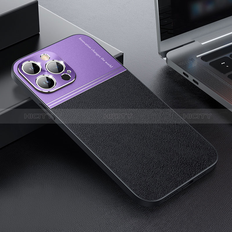 Funda Bumper Lujo Cuero y Plastico Mate Carcasa QC1 para Apple iPhone 12 Pro Max Morado