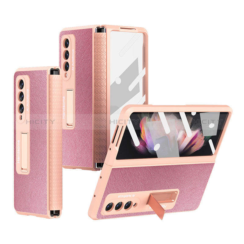 Funda Bumper Lujo Cuero y Plastico Mate Carcasa R09 para Samsung Galaxy Z Fold3 5G Oro Rosa