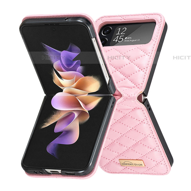 Funda Bumper Lujo Cuero y Plastico Mate Carcasa S02 para Samsung Galaxy Z Flip4 5G Oro Rosa