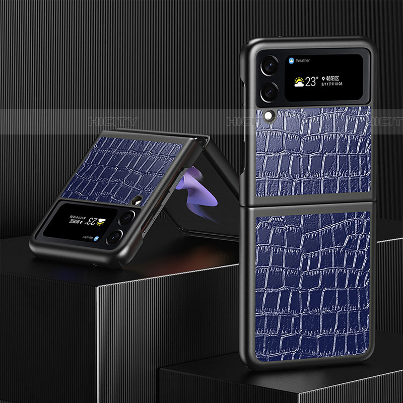 Funda Bumper Lujo Cuero y Plastico Mate Carcasa S08 para Samsung Galaxy Z Flip4 5G Azul