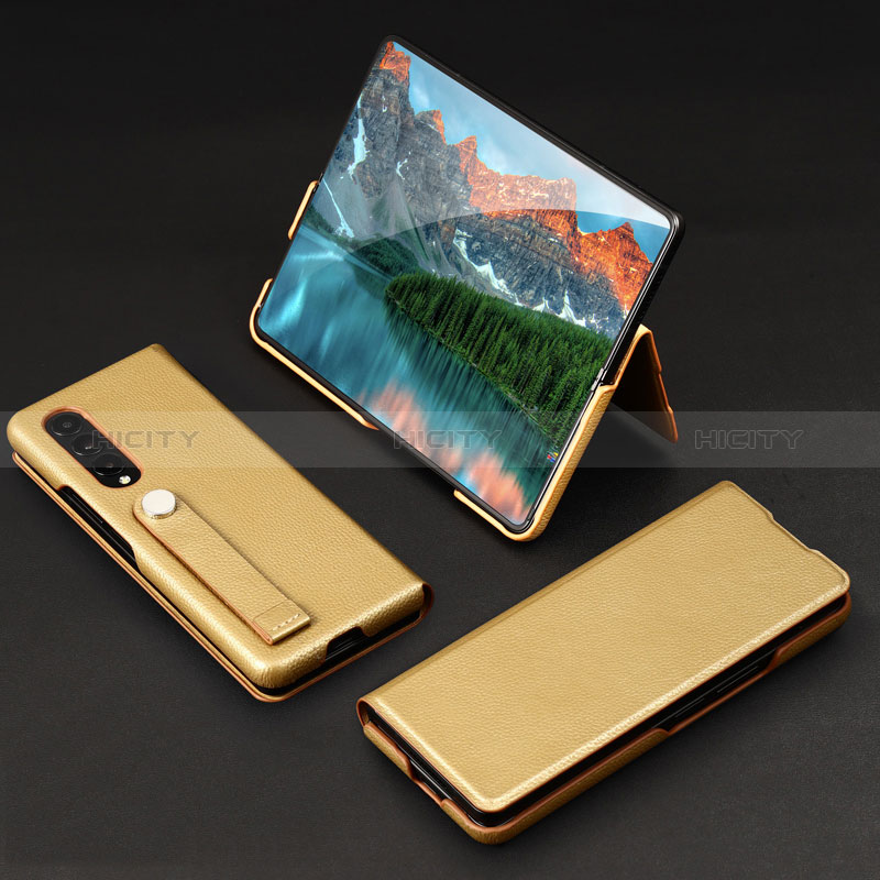Funda Bumper Lujo Cuero y Plastico Mate Carcasa T02 para Samsung Galaxy Z Fold3 5G Oro
