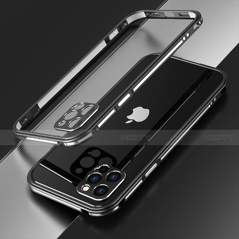 Funda Bumper Lujo Marco de Aluminio Carcasa N01 para Apple iPhone 12 Pro Max Plata y Negro