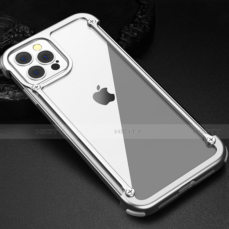 Funda Bumper Lujo Marco de Aluminio Carcasa N04 para Apple iPhone 12 Pro Plata