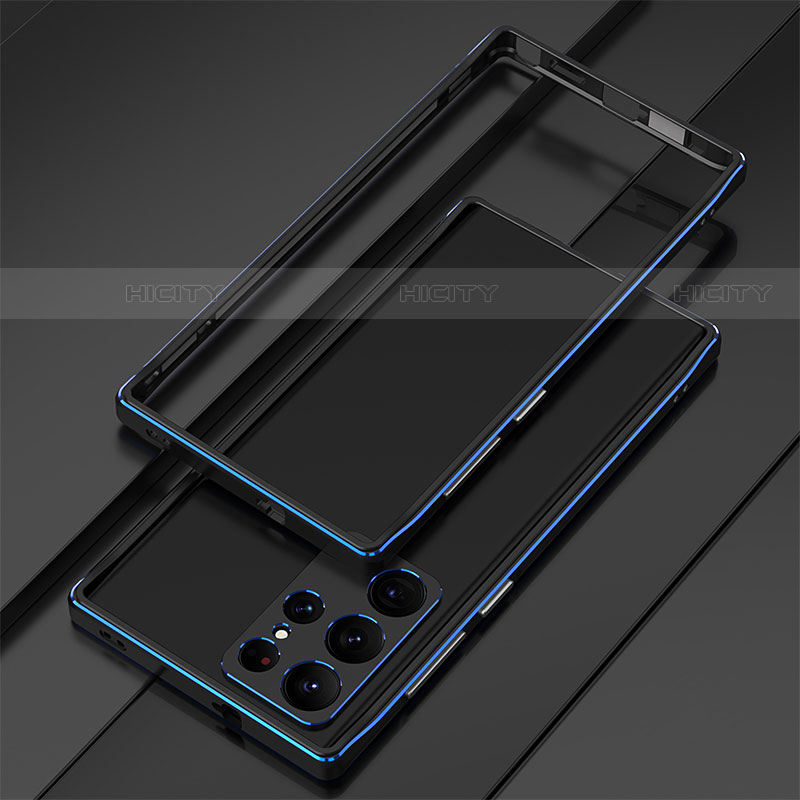 Funda Bumper Lujo Marco de Aluminio Carcasa para Samsung Galaxy S22 Ultra 5G Azul y Negro