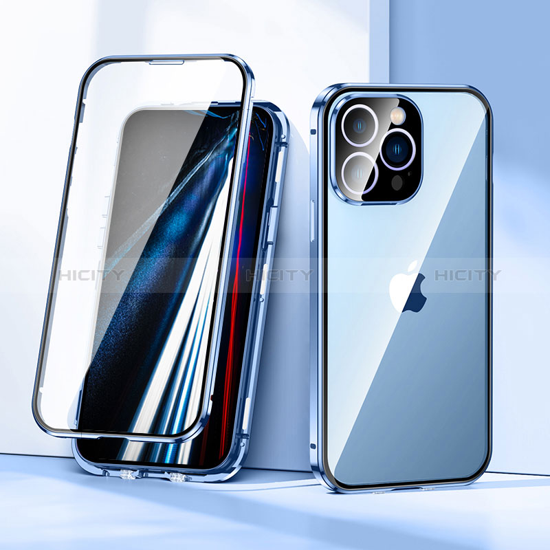 Funda Bumper Lujo Marco de Aluminio Espejo 360 Grados Carcasa LK1 para Apple iPhone 13 Pro Max Azul