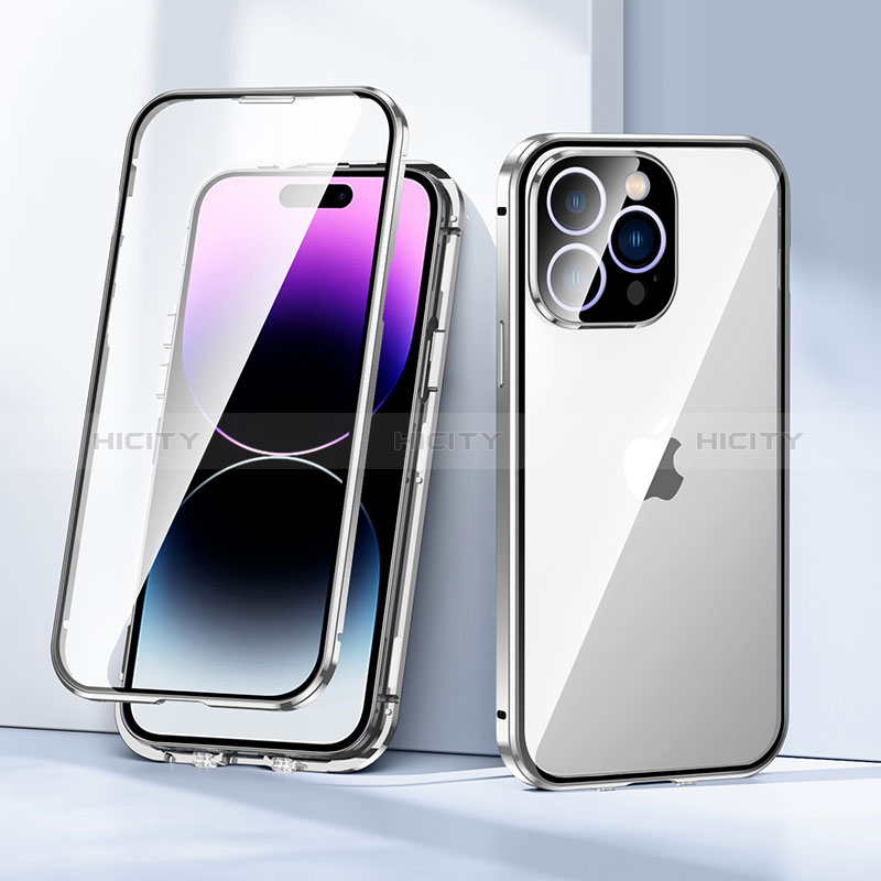 Funda Bumper Lujo Marco de Aluminio Espejo 360 Grados Carcasa LK2 para Apple iPhone 14 Pro Plata