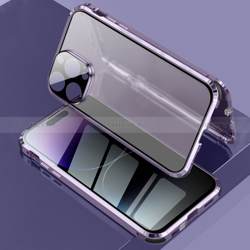 Funda Bumper Lujo Marco de Aluminio Espejo 360 Grados Carcasa LK3 para Apple iPhone 14 Pro Max Morado