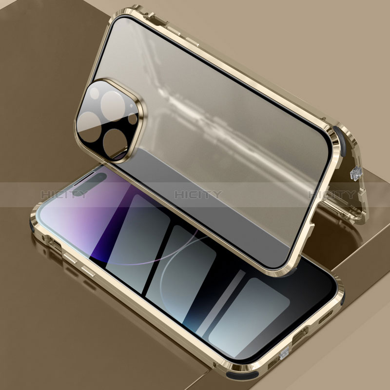 Funda Bumper Lujo Marco de Aluminio Espejo 360 Grados Carcasa LK3 para Apple iPhone 14 Pro Max Oro