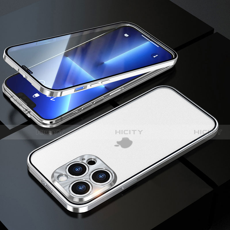 Funda Bumper Lujo Marco de Aluminio Espejo 360 Grados Carcasa M01 para Apple iPhone 13 Pro Plata